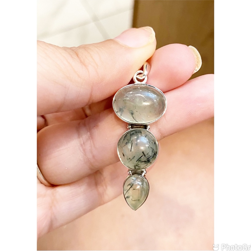Gorgeous 3 Stone Prehnite Pendant set in 925 Sterling Silver